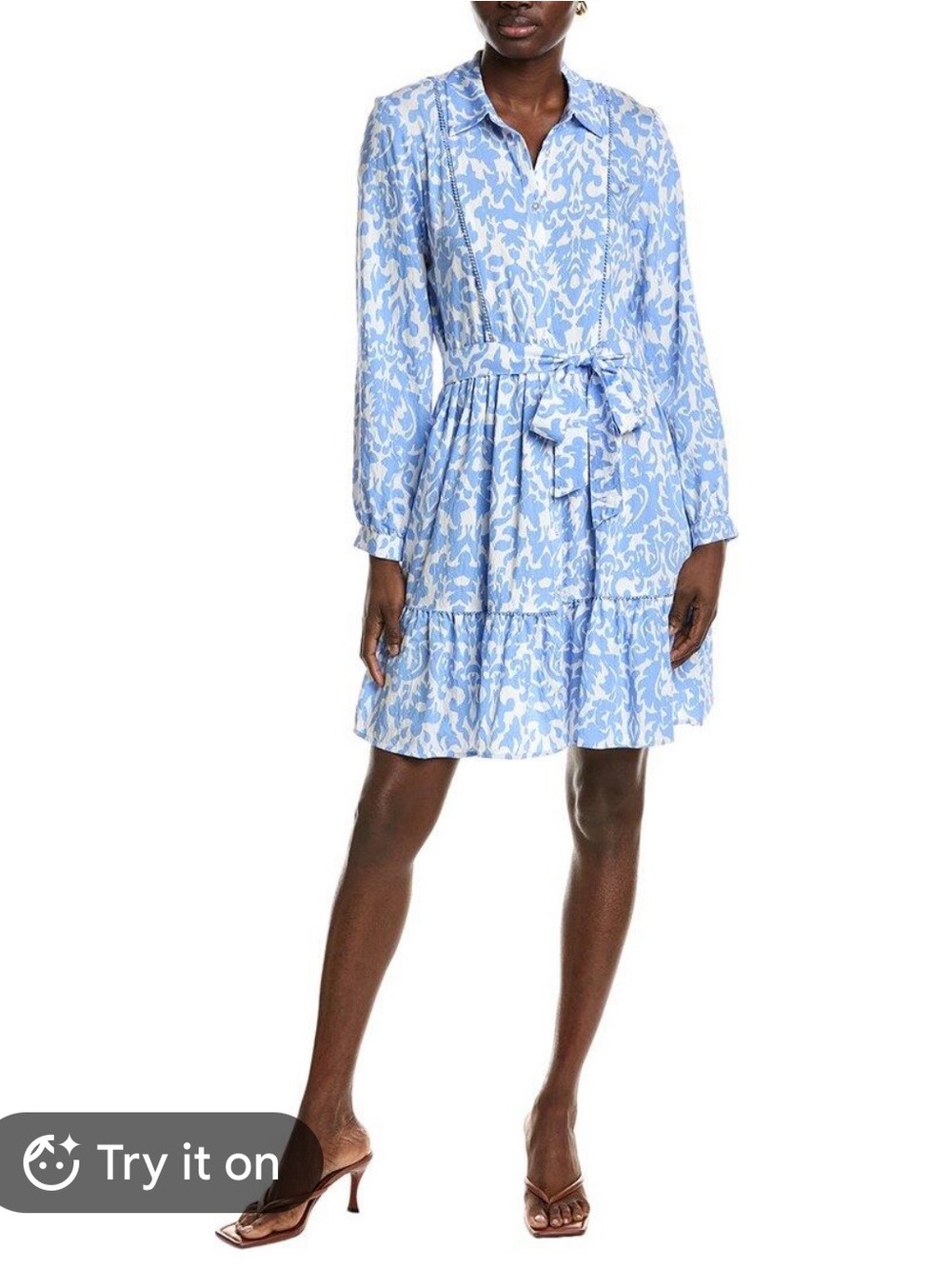 Ellen Tracy Light Blue and White Printed Tie-Waist Shirt Dress